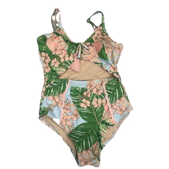 Shade Critters Other - Tropical Leaf & Blossom One-Piece Swimsuit — Pink & Green